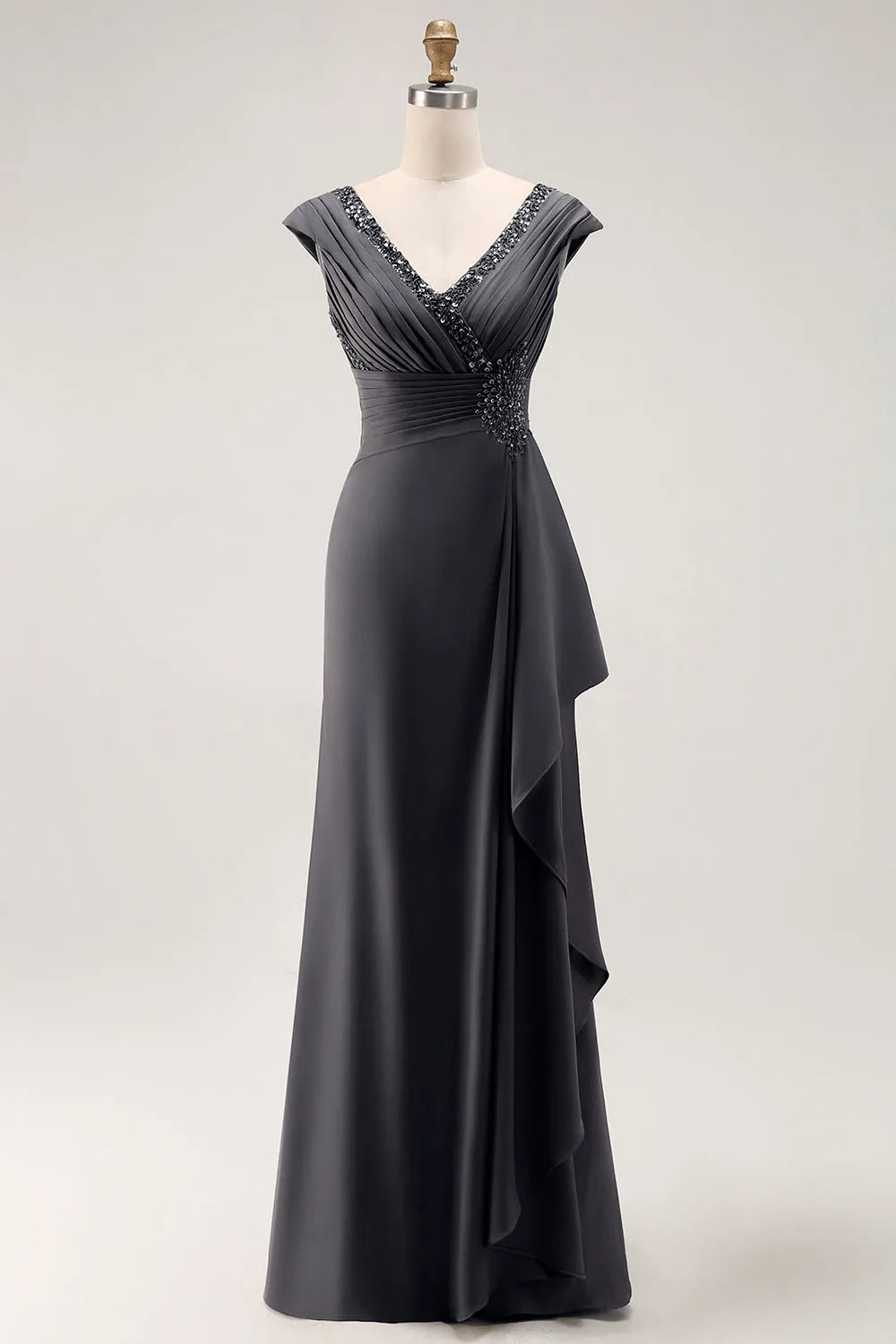 Elegant Sheath V-Neck Cap-Sleeve Zip Back Long Mother of the Bride Dresses