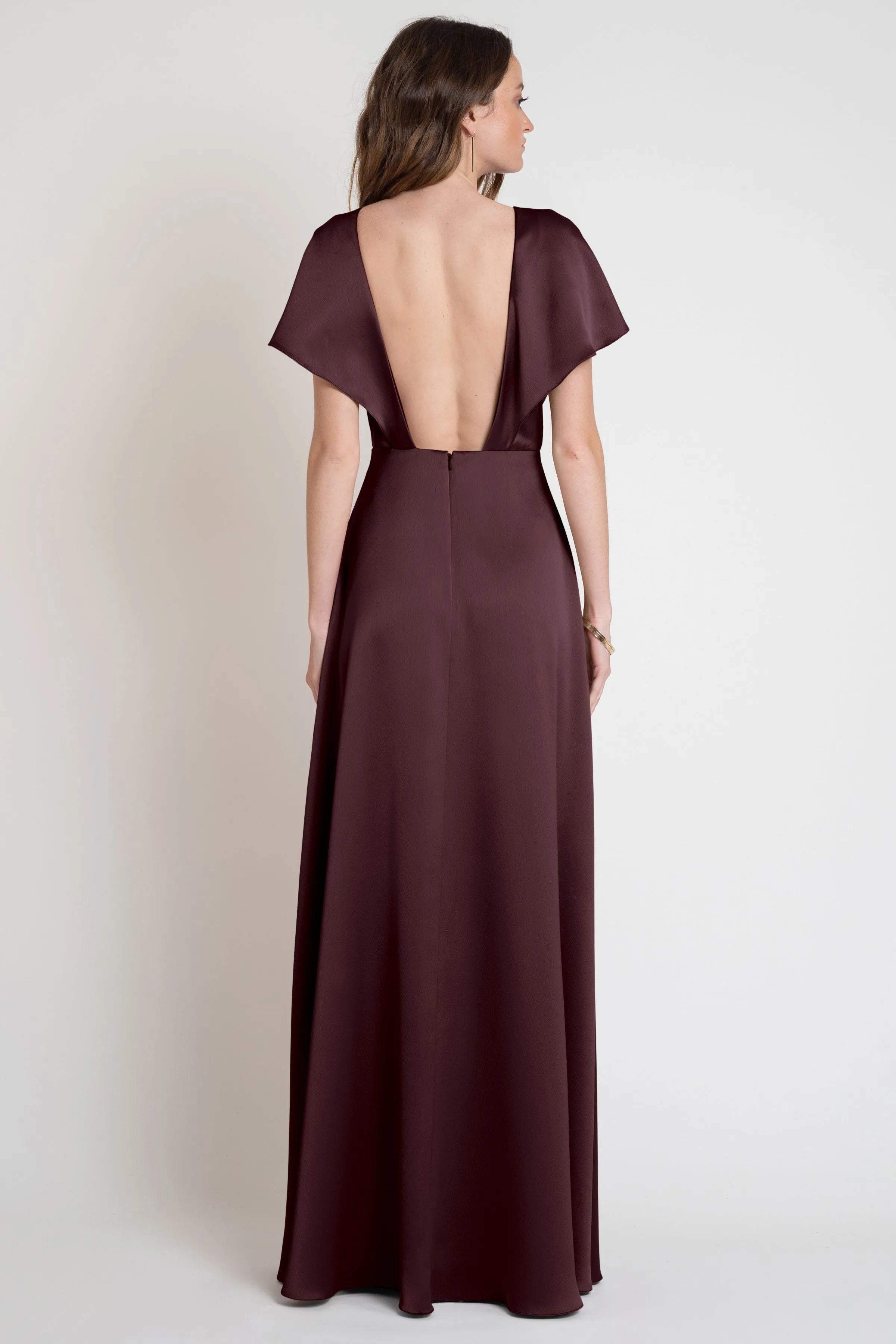 Elegant Sheath V-Neck Cape Sleeve Open Back Floor-Length Bridesmaid Dresses