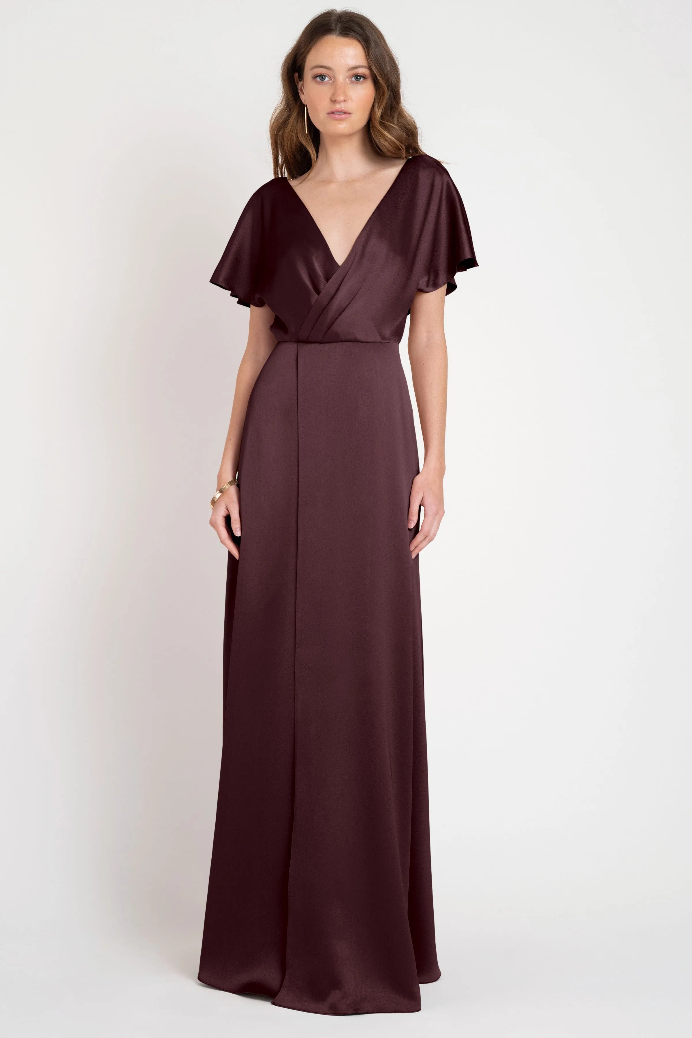 Elegant Sheath V-Neck Cape Sleeve Open Back Floor-Length Bridesmaid Dresses