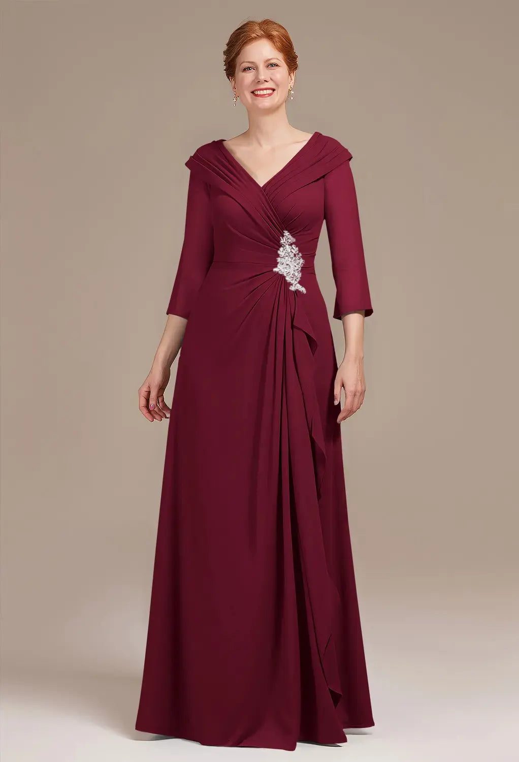 Elegant Sheath V-Neck Cape Sleeve Ruched Back Floor-Length Mother Of The Bride Dresses