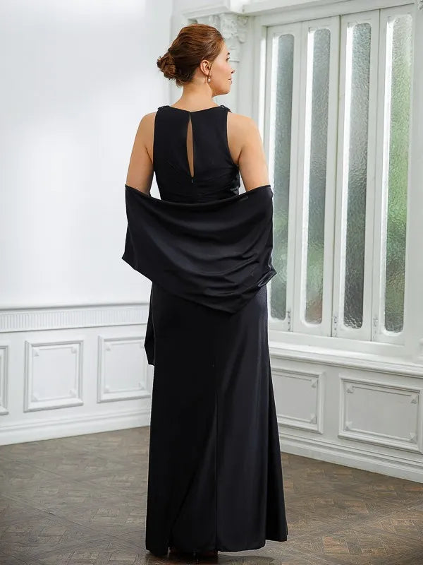 Elegant Sheath V-Neck Cape Sleeves Keyhole Back Floor-Length Mother Of The Bride Dresses