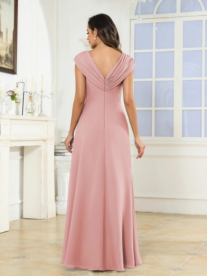 Elegant Sheath V-Neck Ruched-Sleeve Pleated Back Long Mother of the Bride Dresses