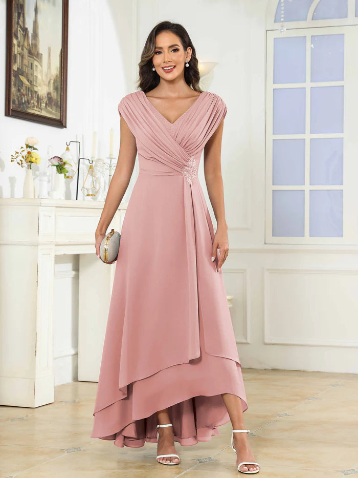 Elegant Sheath V-Neck Ruched-Sleeve Pleated Back Long Mother of the Bride Dresses