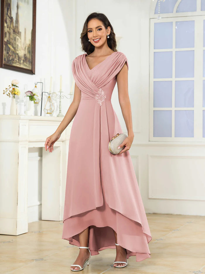 Elegant Sheath V-Neck Ruched-Sleeve Pleated Back Long Mother of the Bride Dresses