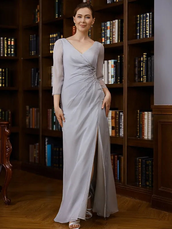 Elegant Sheath V-Neck Three-Quarter Sleeves Keyhole Back Floor-Length Mother Of The Bride Dresses