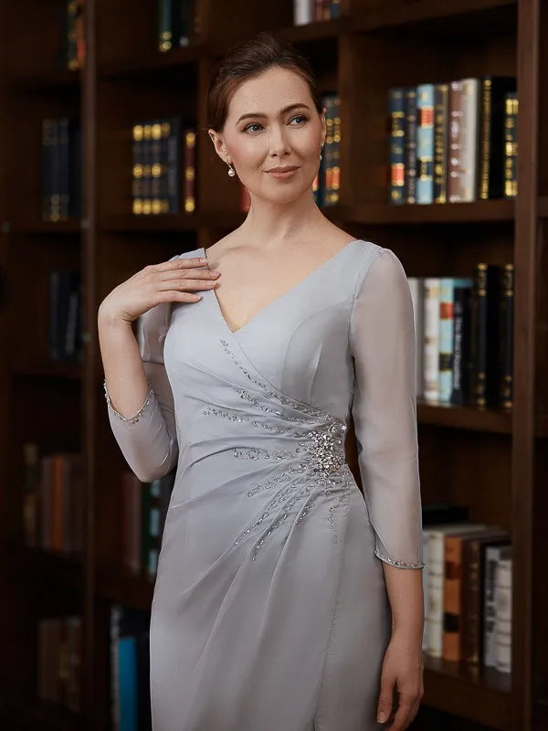 Elegant Sheath V-Neck Three-Quarter Sleeves Keyhole Back Floor-Length Mother Of The Bride Dresses
