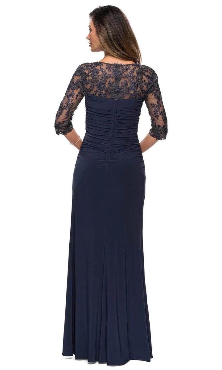 Elegant Sheath V Neck 3/4 Sleeve Lace Embellished Ruched Back Zip Floor-Length Mother of the Bride Dress
