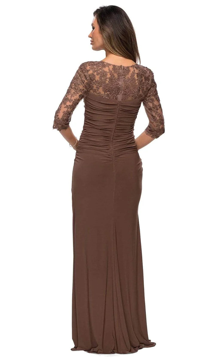 Elegant Sheath V Neck 3/4 Sleeve Lace Embellished Ruched Back Zip Floor-Length Mother of the Bride Dress