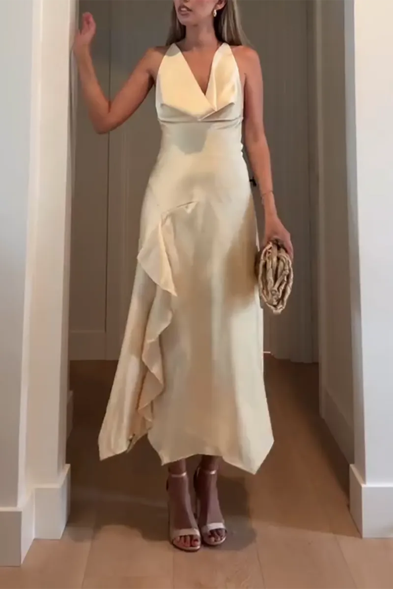 Elegant Sheath Yellow Halter Neck Sleeveless Ruffled Open Back Back Zip Tea-Length Prom Dresses Hot Sale