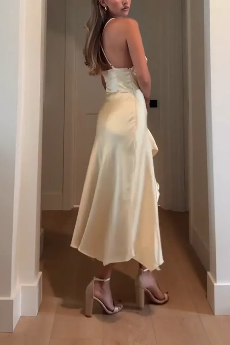 Elegant Sheath Yellow Halter Neck Sleeveless Ruffled Open Back Back Zip Tea-Length Prom Dresses Hot Sale