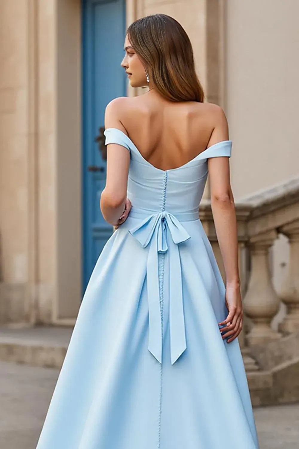 Elegant Sky Blue A-Line Off-Shoulder Sleeveless Bow-Back Sweep Train Prom Dress with Hot Sale