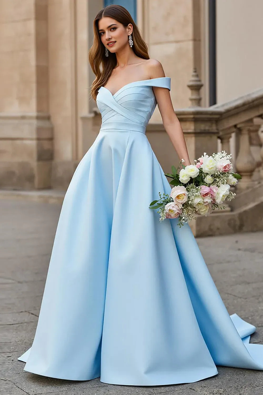 Elegant Sky Blue A-Line Off-Shoulder Sleeveless Bow-Back Sweep Train Prom Dress with Hot Sale