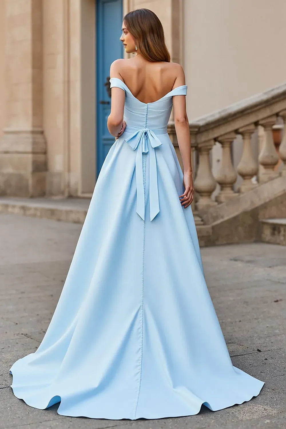 Elegant Sky Blue A-Line Off-Shoulder Sleeveless Bow-Back Sweep Train Prom Dress with Hot Sale