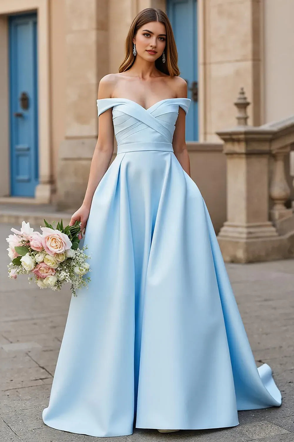 Elegant Sky Blue A-Line Off-Shoulder Sleeveless Bow-Back Sweep Train Prom Dress with Hot Sale