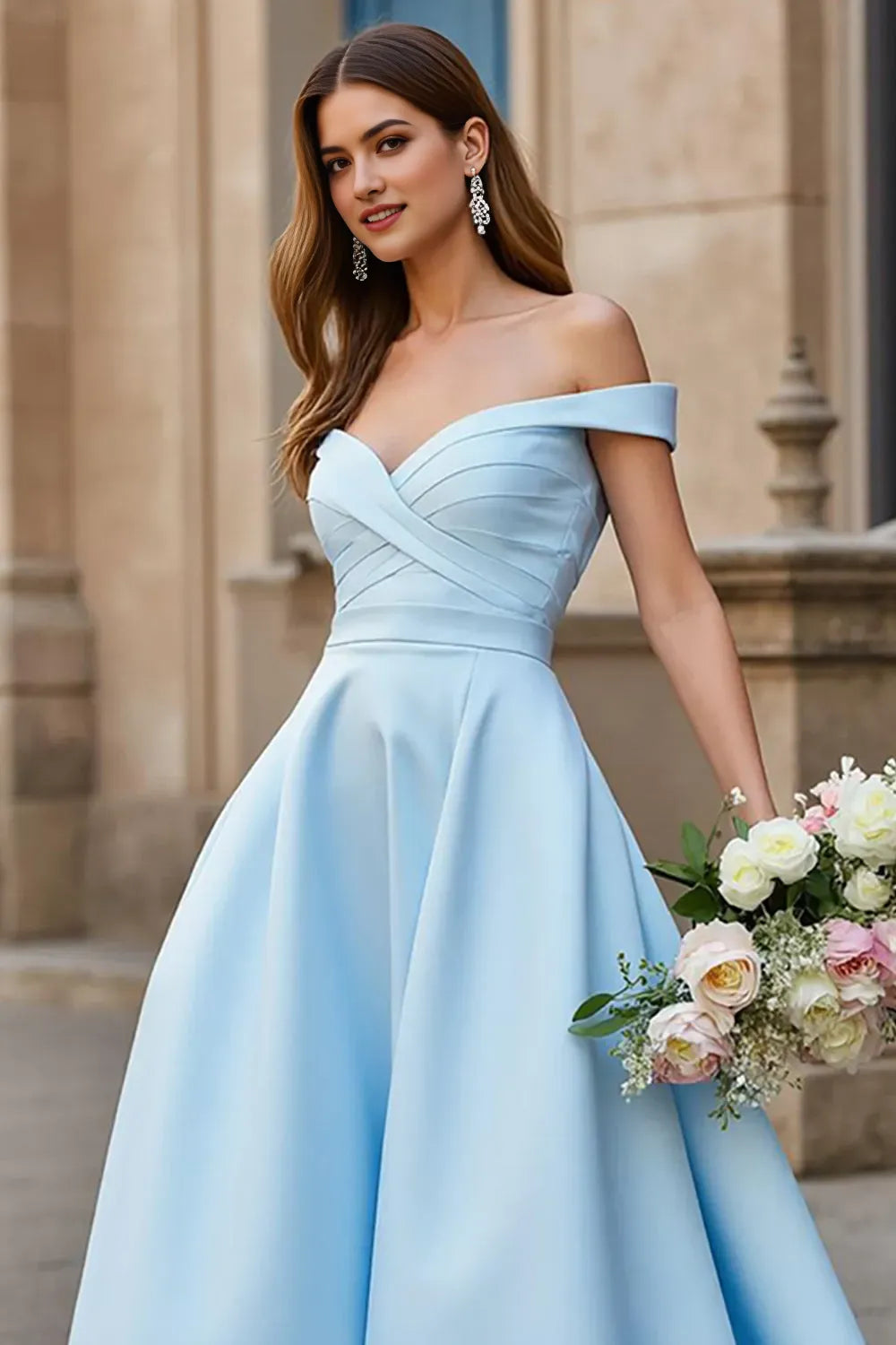 Elegant Sky Blue A-Line Off-Shoulder Sleeveless Bow-Back Sweep Train Prom Dress with Hot Sale