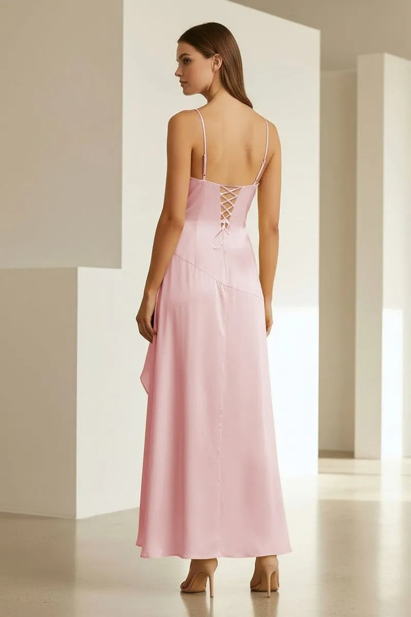 Elegant Slipdress V-Neck Spaghetti-Strap Lace-Up-Back High-Low Prom Dress ﻿