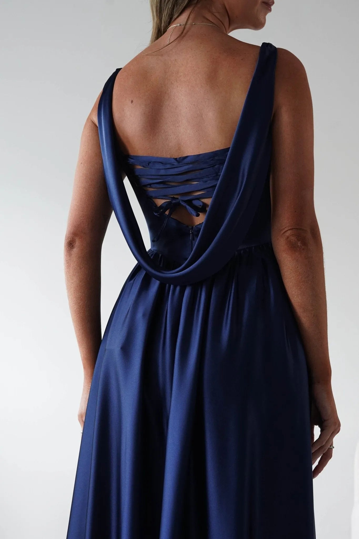 Elegant Square Neck Sleeveless Draped Lace-Up Back Floor-Length Formal Prom Dresses