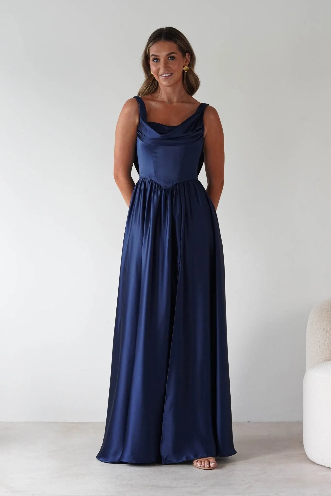 Elegant Square Neck Sleeveless Draped Lace-Up Back Floor-Length Formal Prom Dresses