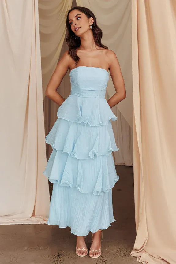 Elegant Strapless Sleeveless Tiered Ruffles Back Zip Ankle-Length  Prom Dresses ladies ready to ship