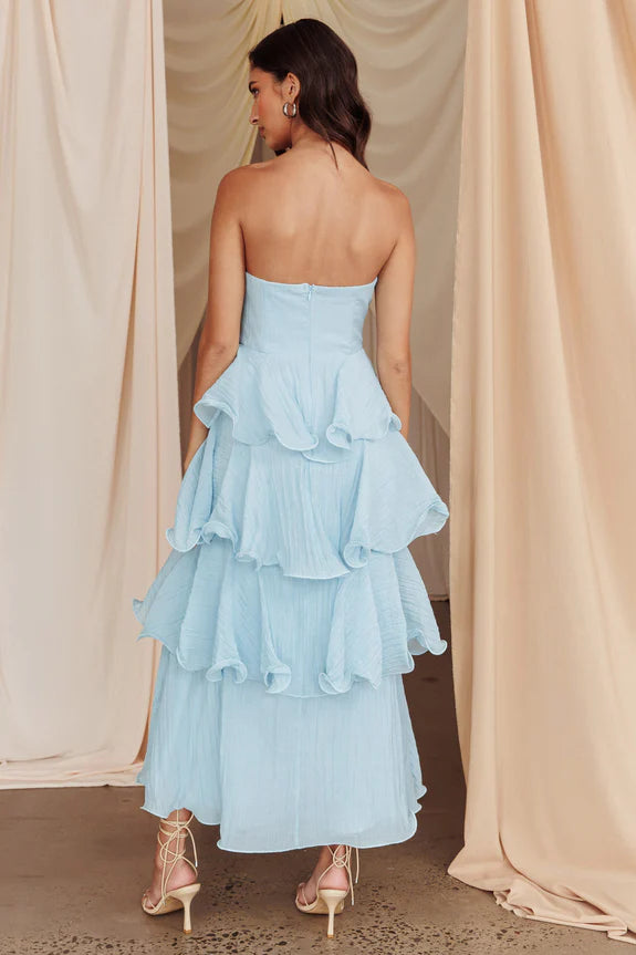 Elegant Strapless Sleeveless Tiered Ruffles Back Zip Ankle-Length  Prom Dresses ladies ready to ship