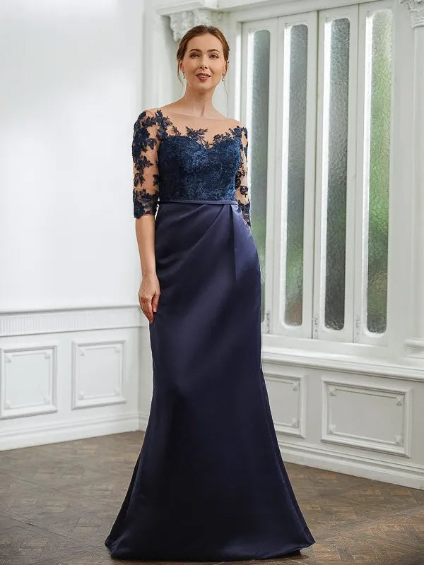 Elegant Trumpet Illusion Neck Three-Quarter Sleeves Pearl Back Floor-Length Mother Of The Bride Dresses