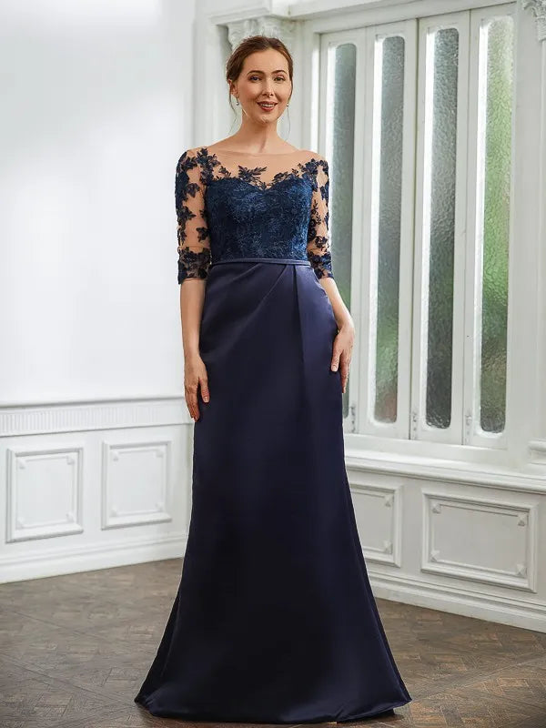 Elegant Trumpet Illusion Neck Three-Quarter Sleeves Pearl Back Floor-Length Mother Of The Bride Dresses