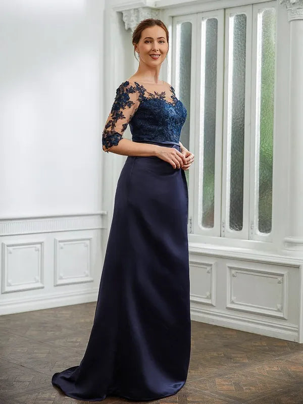 Elegant Trumpet Illusion Neck Three-Quarter Sleeves Pearl Back Floor-Length Mother Of The Bride Dresses
