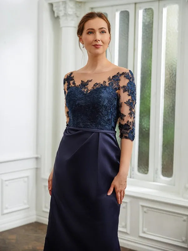 Elegant Trumpet Illusion Neck Three-Quarter Sleeves Pearl Back Floor-Length Mother Of The Bride Dresses