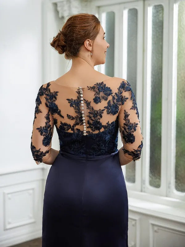 Elegant Trumpet Illusion Neck Three-Quarter Sleeves Pearl Back Floor-Length Mother Of The Bride Dresses