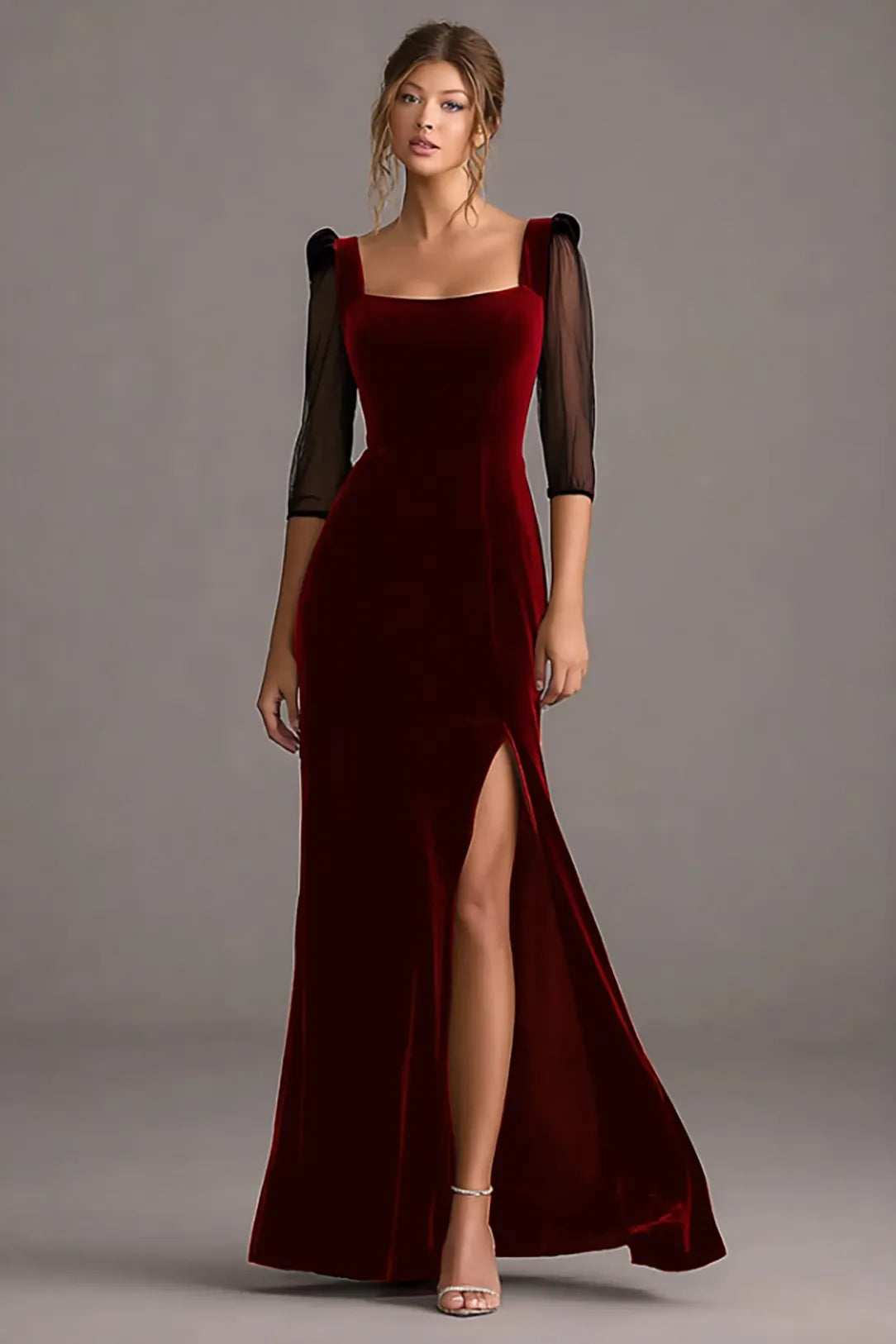Elegant Trumpet Square Neck Three Quarter Sleeve Zipper Back Long Evening Dresses