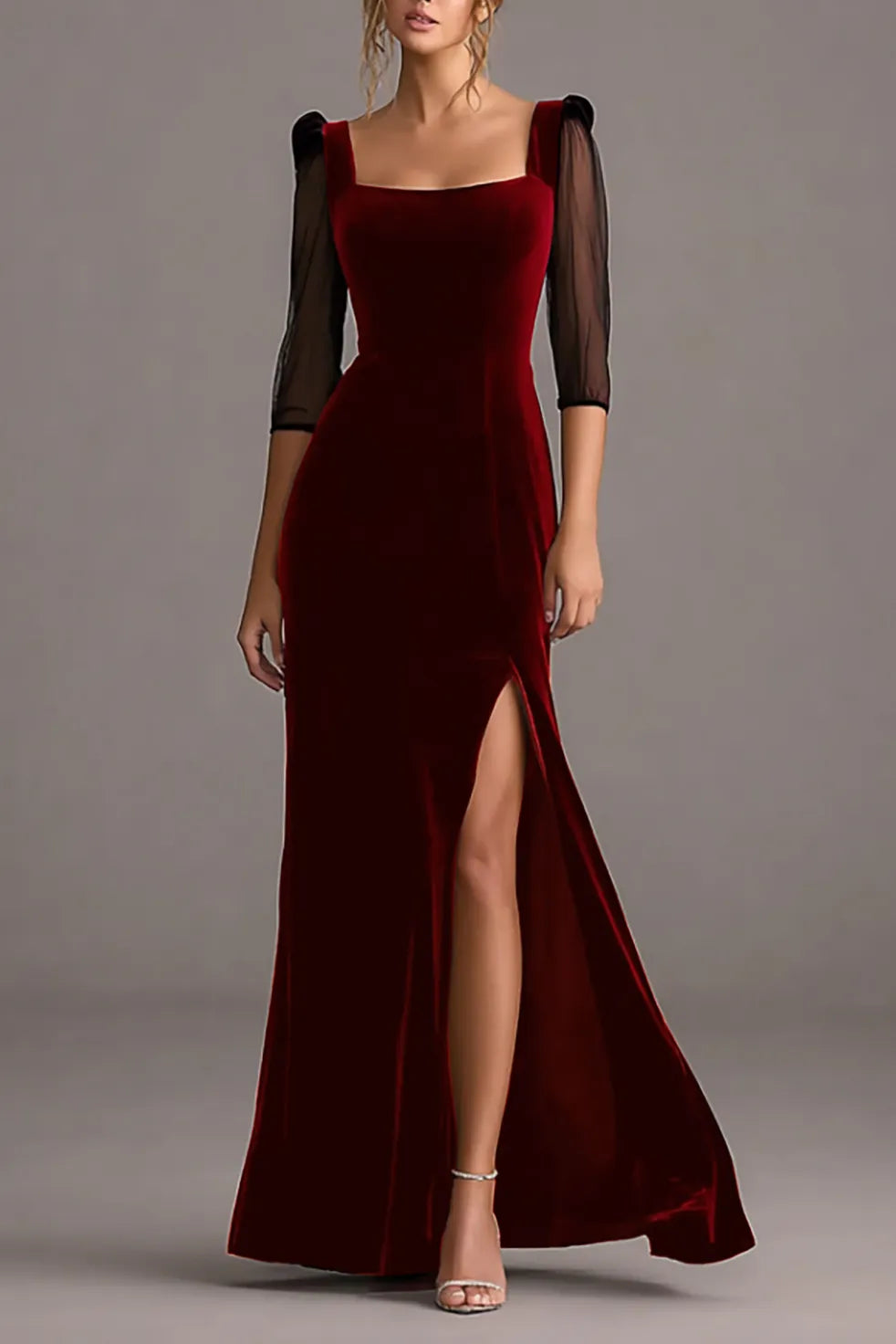 Elegant Trumpet Square Neck Three Quarter Sleeve Zipper Back Long Evening Dresses