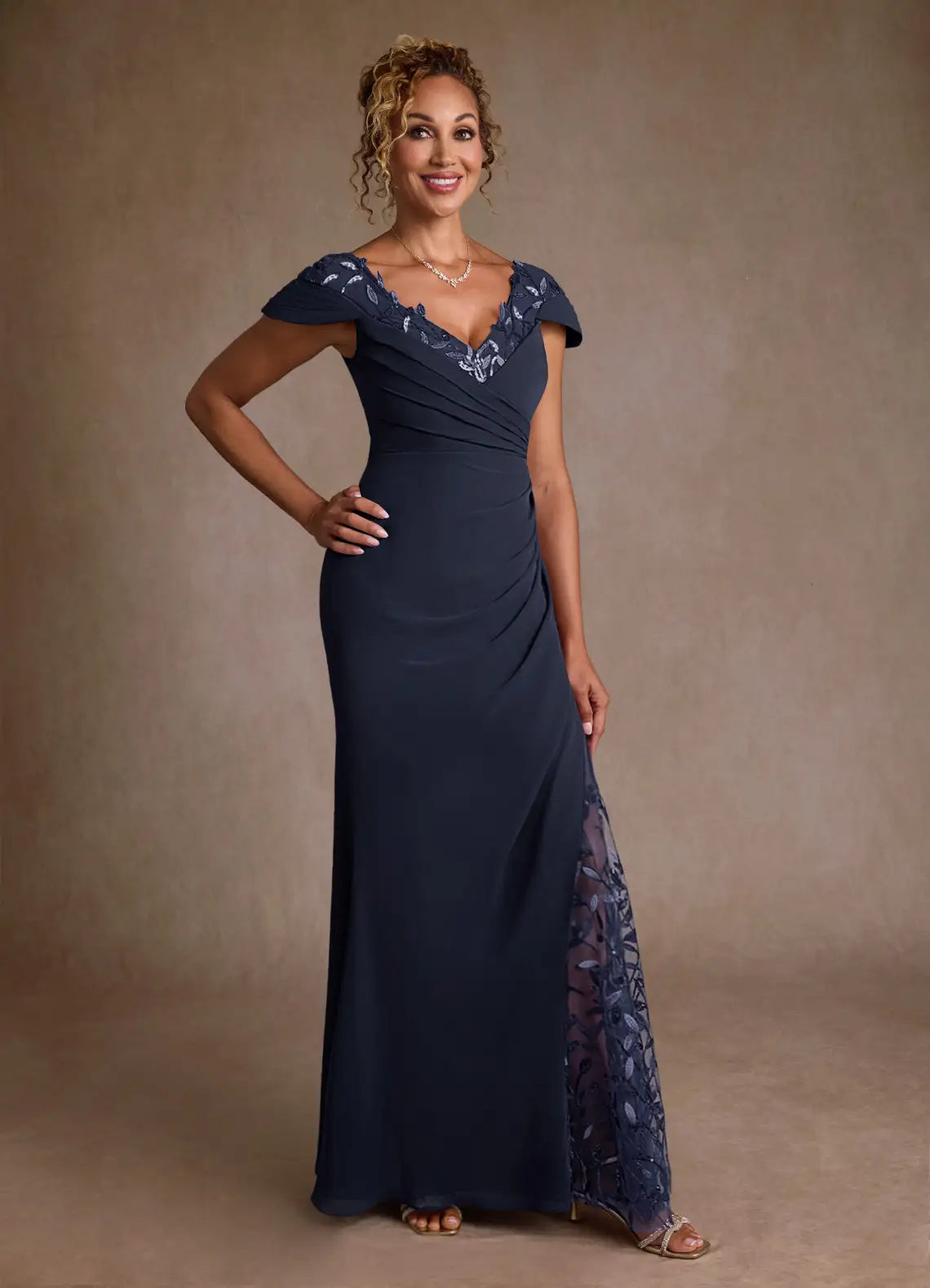 Elegant Trumpet V-Neck Cap Sleeve Lace Trim Floor-Length Mother of the Bride Dress