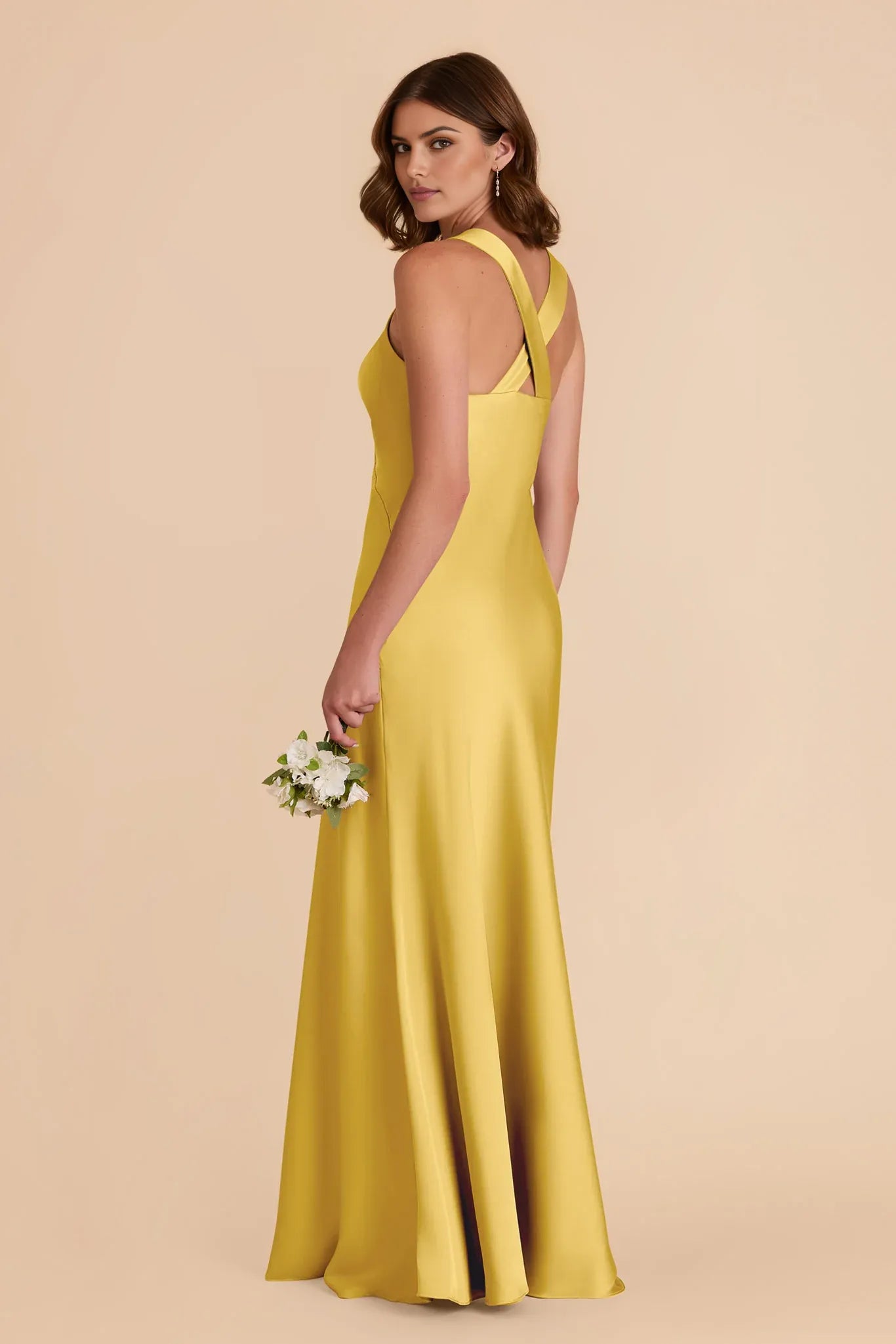 Elegant Yellow A-Line Deep V-Neck Sleeveless Satin Crisscross Back Detail High Slit Floor-Length Prom Dresses Hot Sale