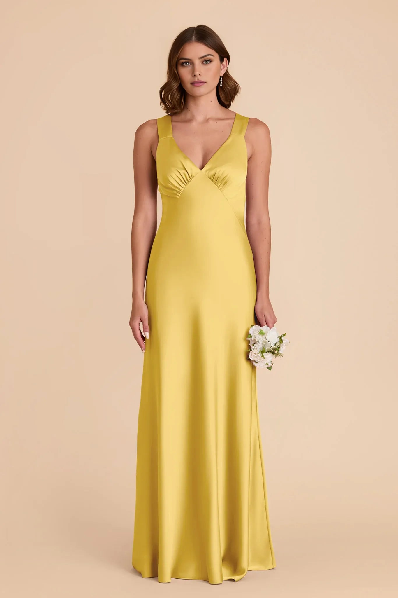 Elegant Yellow A-Line Deep V-Neck Sleeveless Satin Crisscross Back Detail High Slit Floor-Length Prom Dresses Hot Sale