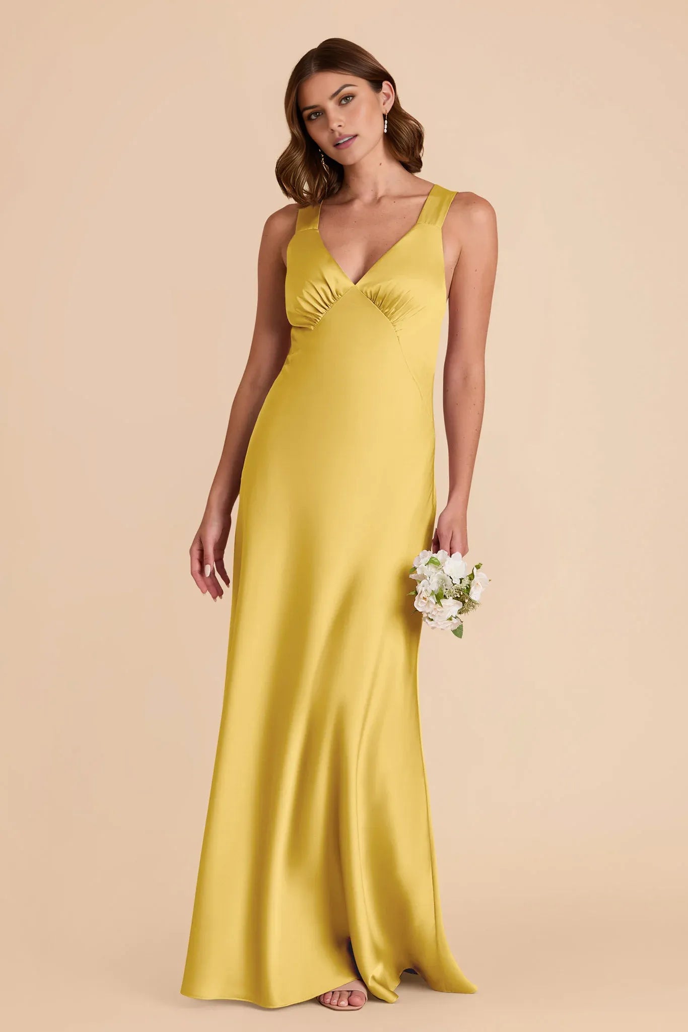 Elegant Yellow A-Line Deep V-Neck Sleeveless Satin Crisscross Back Detail High Slit Floor-Length Prom Dresses Hot Sale