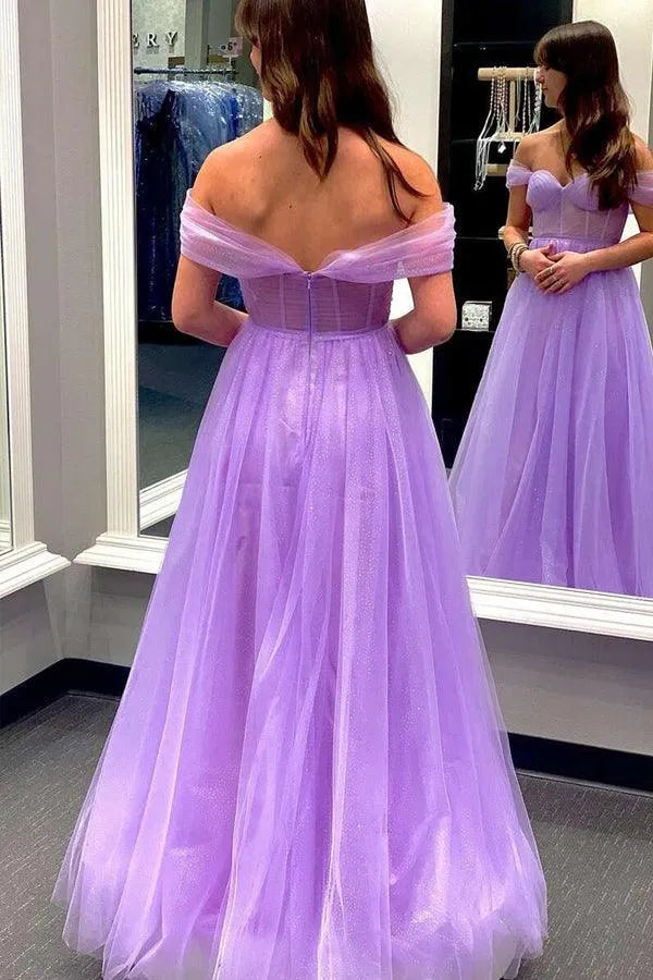 Elegant Purple A-Line Off-the-Shoulder Sleeveless Back Zip Floor-Length Sheer Corset Glitter Tulle Prom Dress