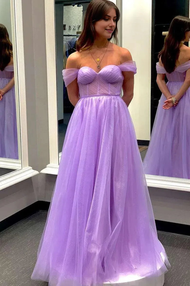 Elegant Purple A-Line Off-the-Shoulder Sleeveless Back Zip Floor-Length Sheer Corset Glitter Tulle Prom Dress