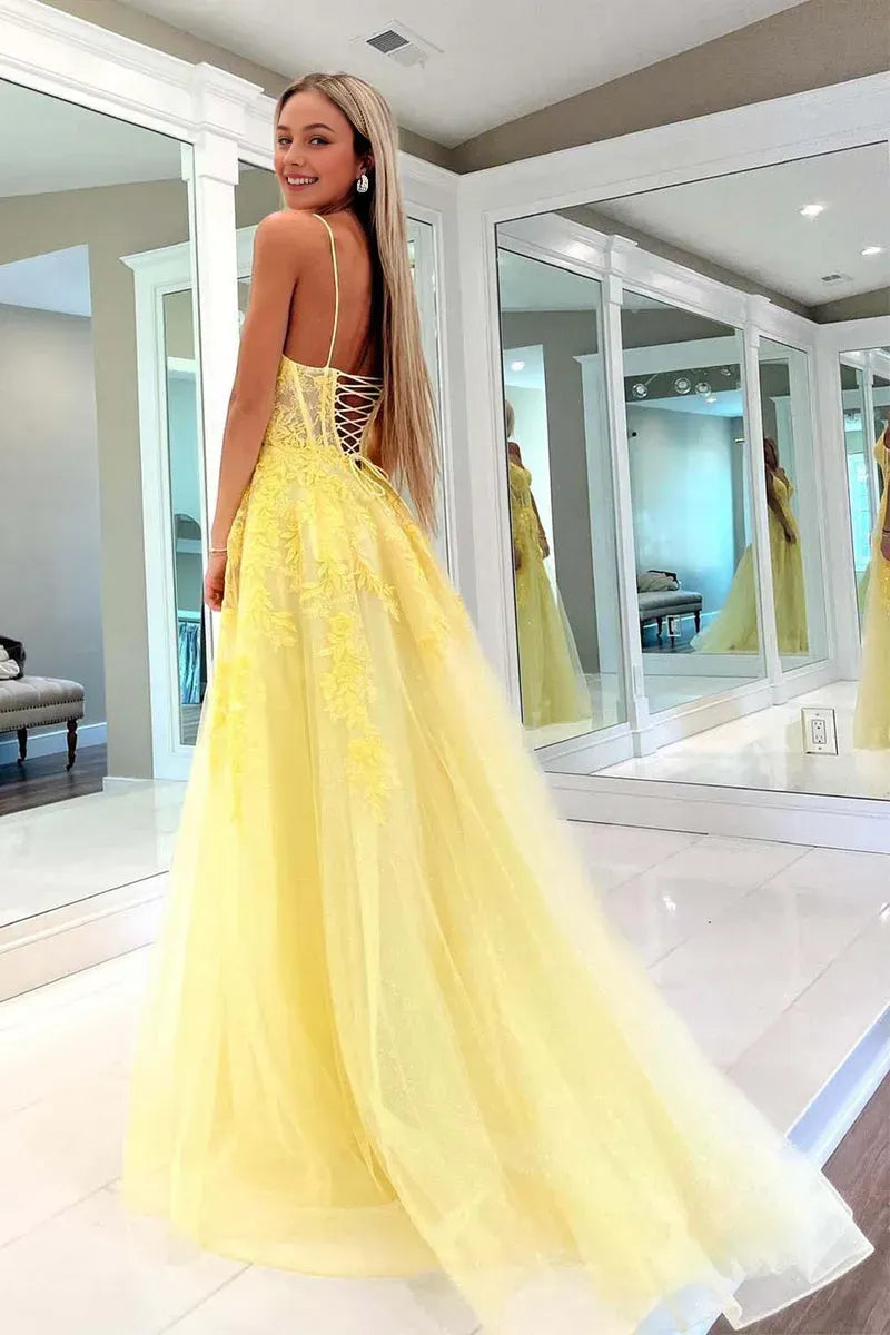 Elegant Yellow A-Line Spaghetti-Strap Sleeveless Tulle Lace-Up Back Floor-Length Prom Dress With Applique