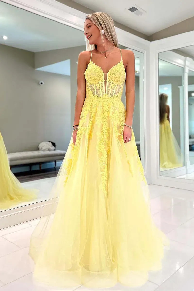 Elegant Yellow A-Line Spaghetti-Strap Sleeveless Tulle Lace-Up Back Floor-Length Prom Dress With Applique