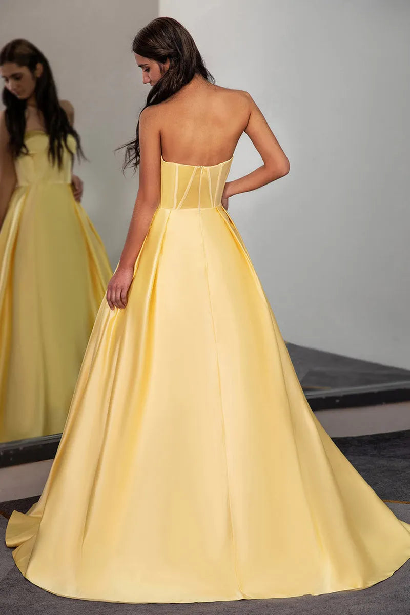Elegant Yellow A-Line Sweetheart Neck Sleeveless Satin Back Zip Floor-Length Prom Dresses