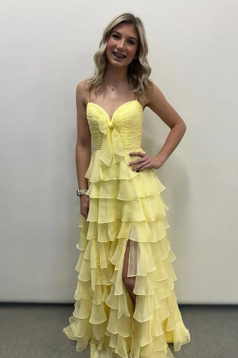Elegant Yellow A-Line Sweetheart Neck Sleeveless Tiered High-Slit Long Prom Dress with Ruffles
