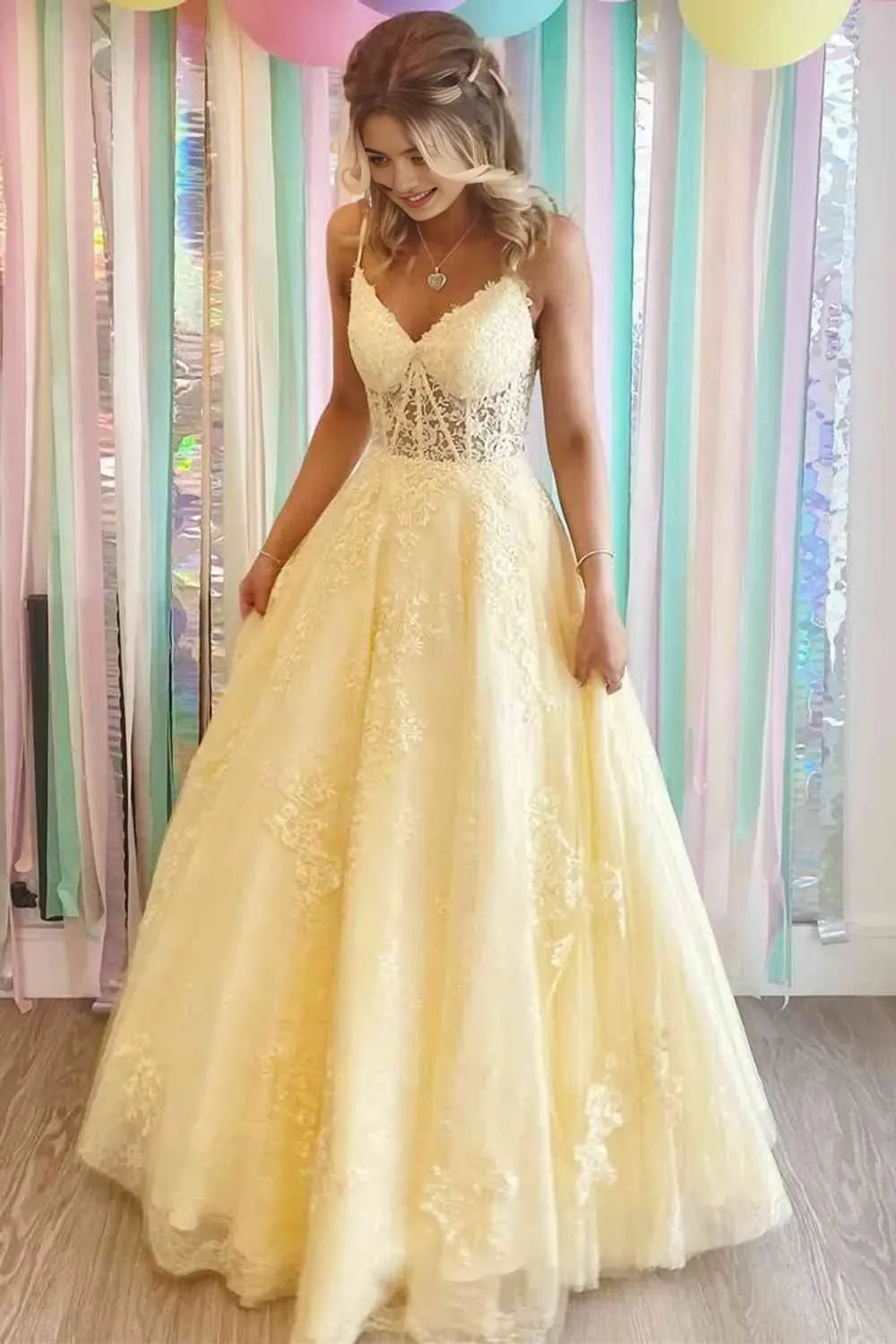 Elegant Yellow A-Line V-Neck Sleeveless Appliques Lace Embroidered Crisscross Back Lace-Up Floor-Length Prom Dresses