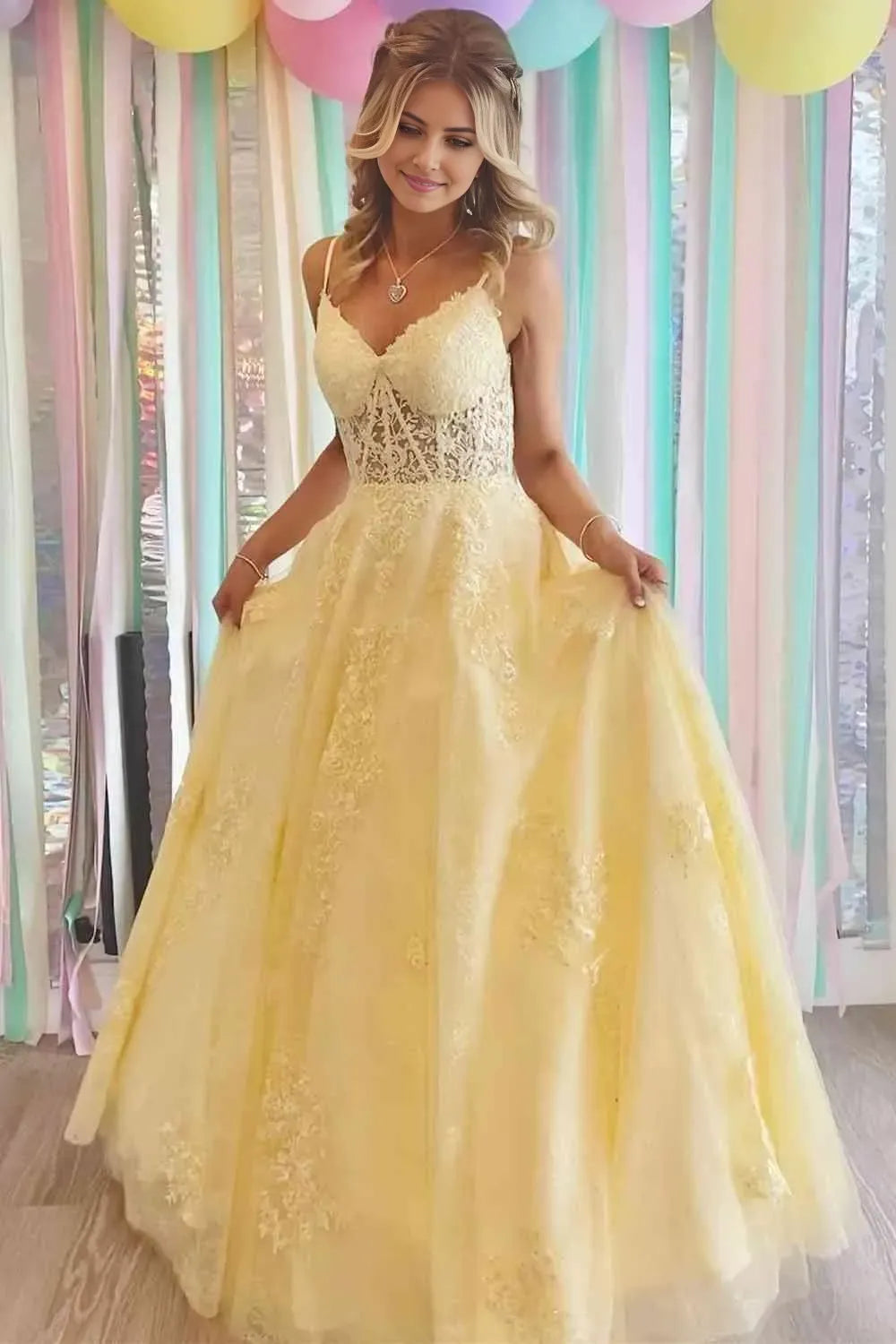 Elegant Yellow A-Line V-Neck Spaghetti Strap Lace Up Lace Appliques Tulle Floor-Length Prom Dress