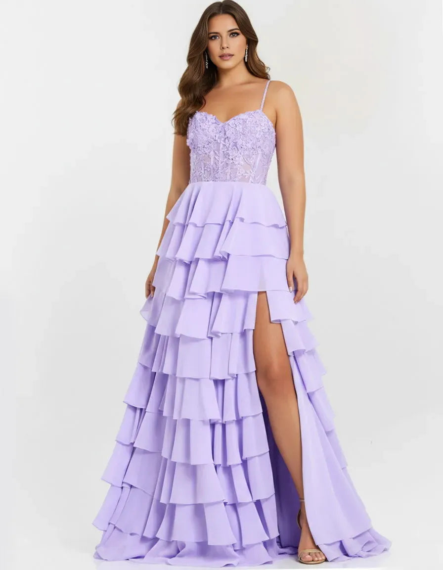 Elegant Yellow A-line Sweetheart Neck Spaghetti Strap Lace-Up Floor Length Tiered Ruffle High Slit Prom Dresses