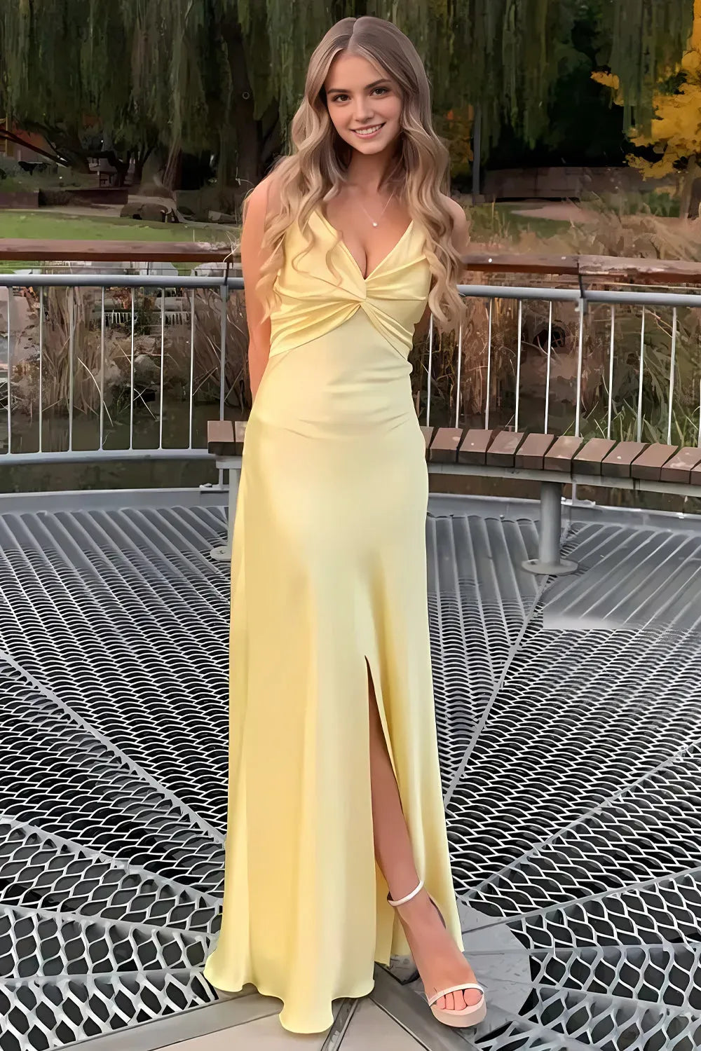 Elegant Yellow A Line Spaghetti Straps Sleeveless Cut-Out Open Back High-Slit Satin Floor-Length Prom Dresses