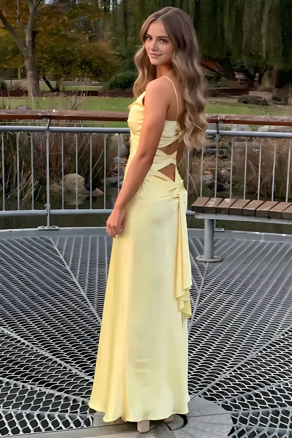 Elegant Yellow A Line Spaghetti Straps Sleeveless Cut-Out Open Back High-Slit Satin Floor-Length Prom Dresses