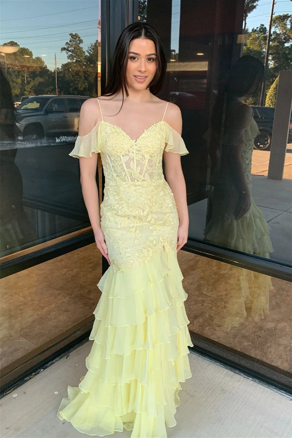 Elegant Yellow Chiffon Mermaid Sweetheart Neck Off - Shoulder Lace Appliques Tiered Back Zip Floor - Length Prom Dresses