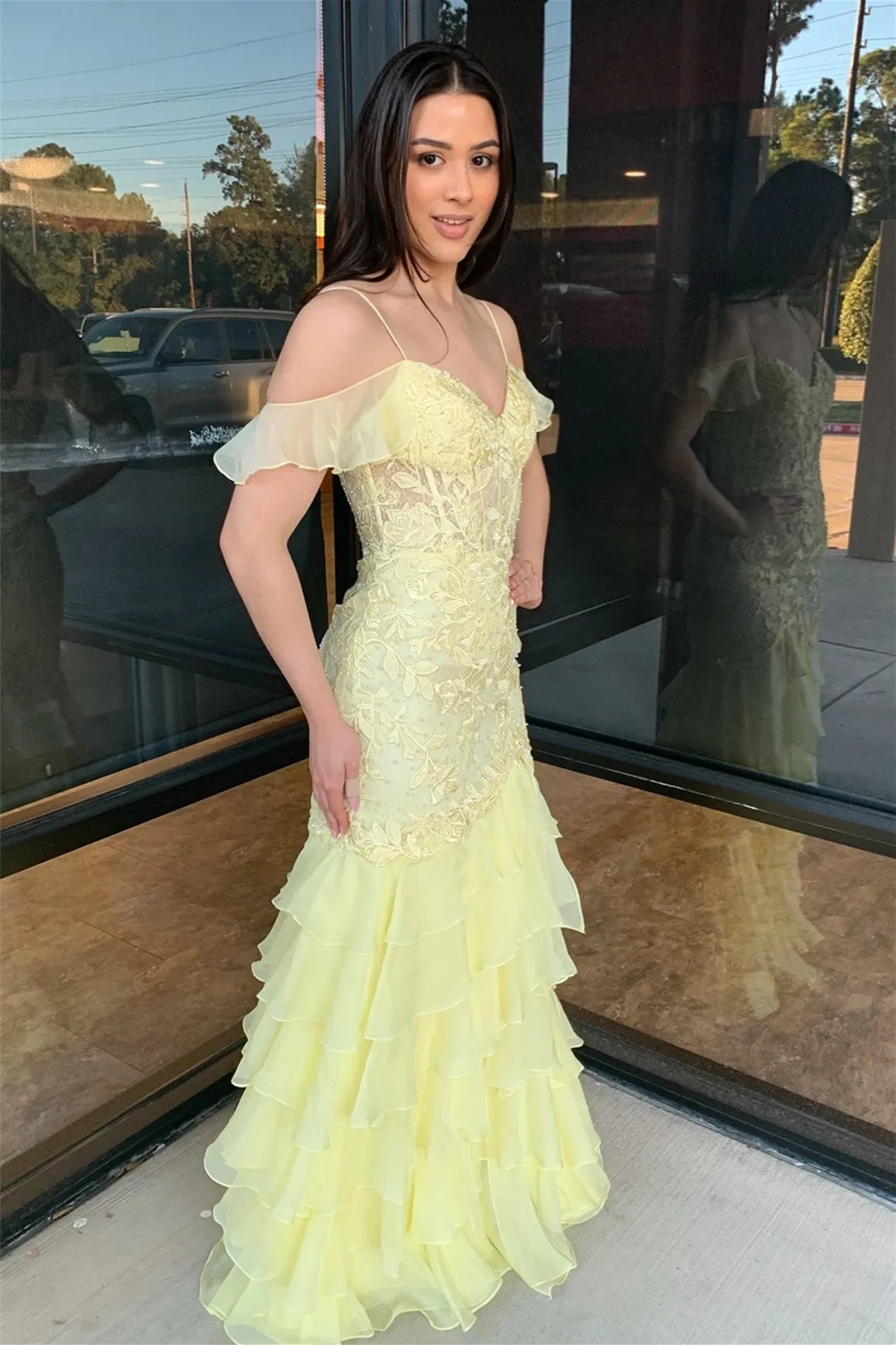 Elegant Yellow Chiffon Mermaid Sweetheart Neck Off - Shoulder Lace Appliques Tiered Back Zip Floor - Length Prom Dresses