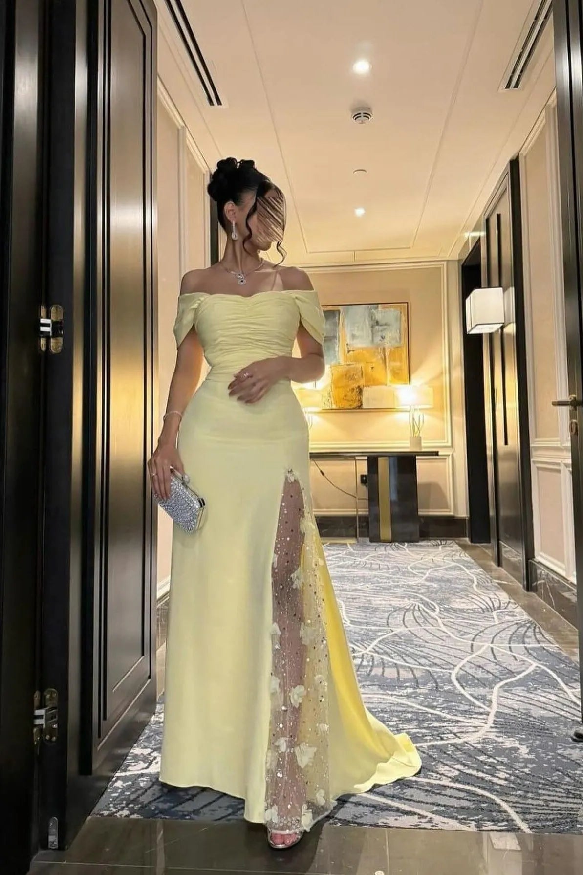 Elegant Yellow Mermaid Off the Shoulder Sleeveless Appliques Lace-Trimmed Back Zip High-Slit Floor-Length Prom Dresses