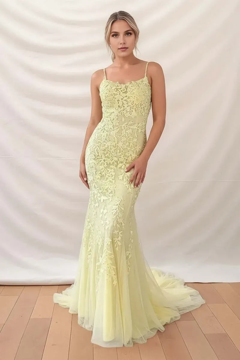 Elegant Yellow Mermaid Square Neck Spaghetti Strap Lace Up Floor-Length Prom Dress with Appliques